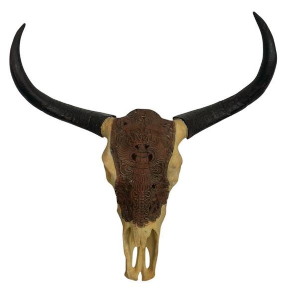 Longhorn Water Buffalo Skull Faux Taxidermi Hanging Wall Art - Picture 3 of 6
